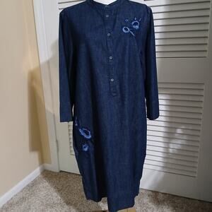 Lauren Ralph Lauren 16 Dark Wash Denim Shirt Dress Long-Sleeved Embroidered